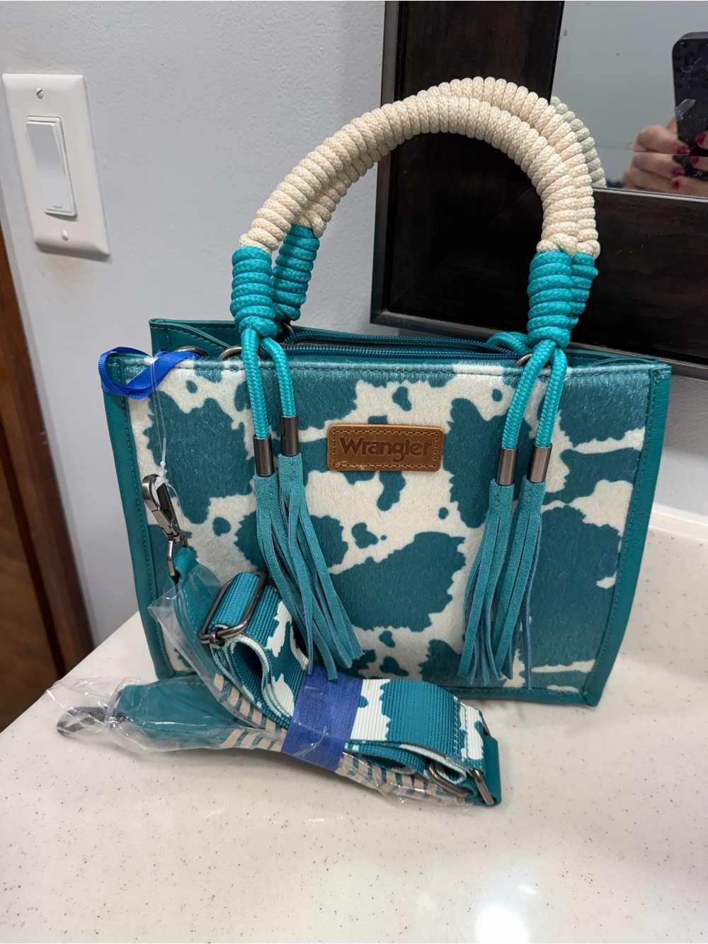 Wrangler Teal and Cream Cowhide-Print Satchel with Rope Handles